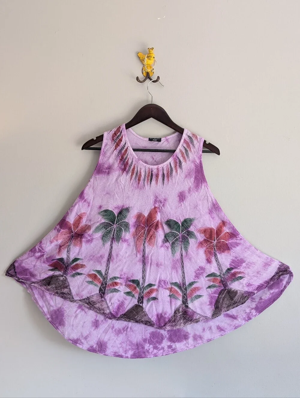 Vintage Pink & Purple Tie Dye Palm Tree Embroidered Flowy Sleeveless Shirt, OS - Picture 2 of 12